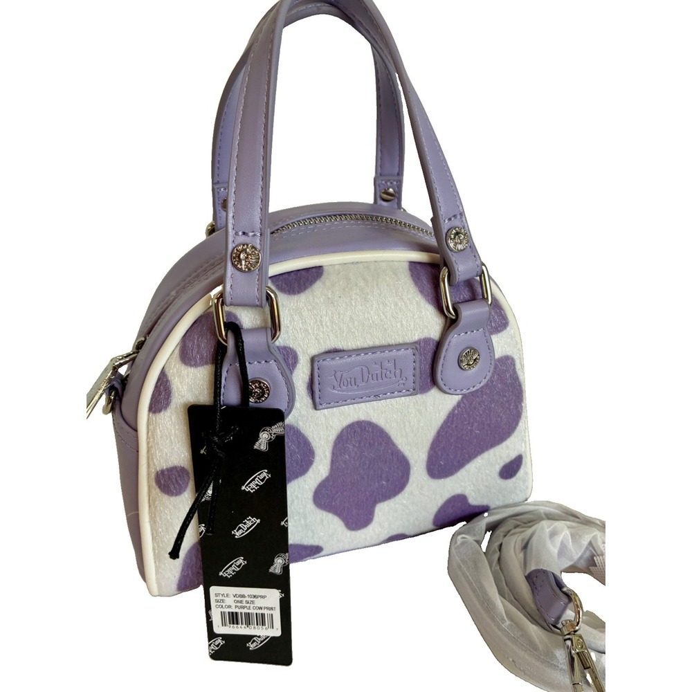 VON DUTCH~ Purple & White Cow Print Vegan Pony Hair Bag + Strap NWT